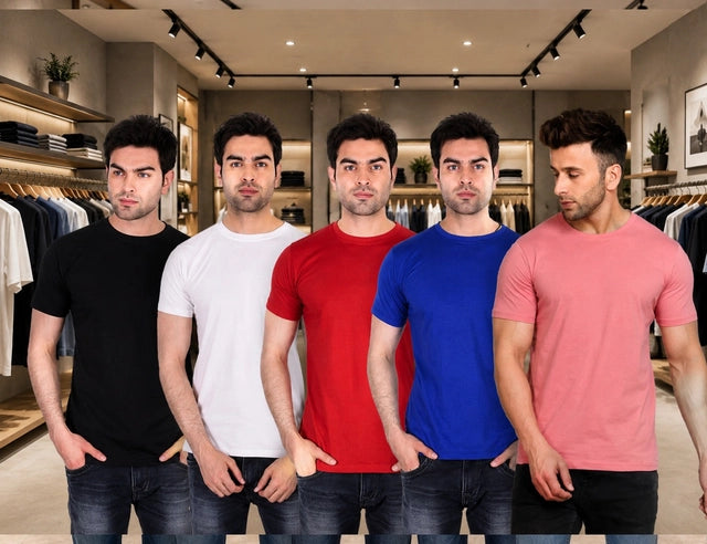 Men's Solid Round Neck Polycotto Multicolor T-Shirt (Pack of 5).