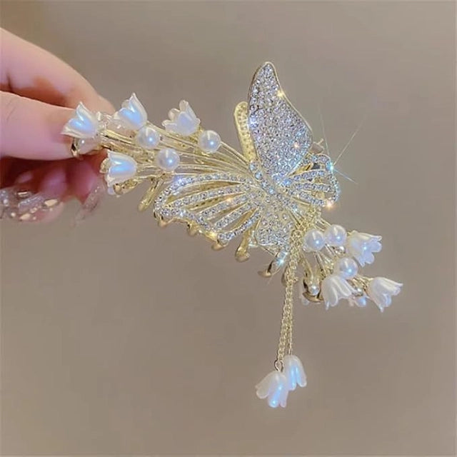 Beauty Korean 1pcs Stone Studded Pearl Butterfly Fancy Hair Claw Clip Clutcher Strong Hold Non-Slip Hair Claw Clip Clutcher Perfect Party Bridal Hair Catcher Golden Stone Studded (Pack of 1)