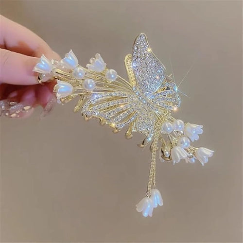 Beauty Korean 1pcs Stone Studded Pearl Butterfly Fancy Hair Claw Clip Clutcher Strong Hold Non-Slip Hair Claw Clip Clutcher Perfect Party Bridal Hair Catcher Golden Stone Studded (Pack of 1)