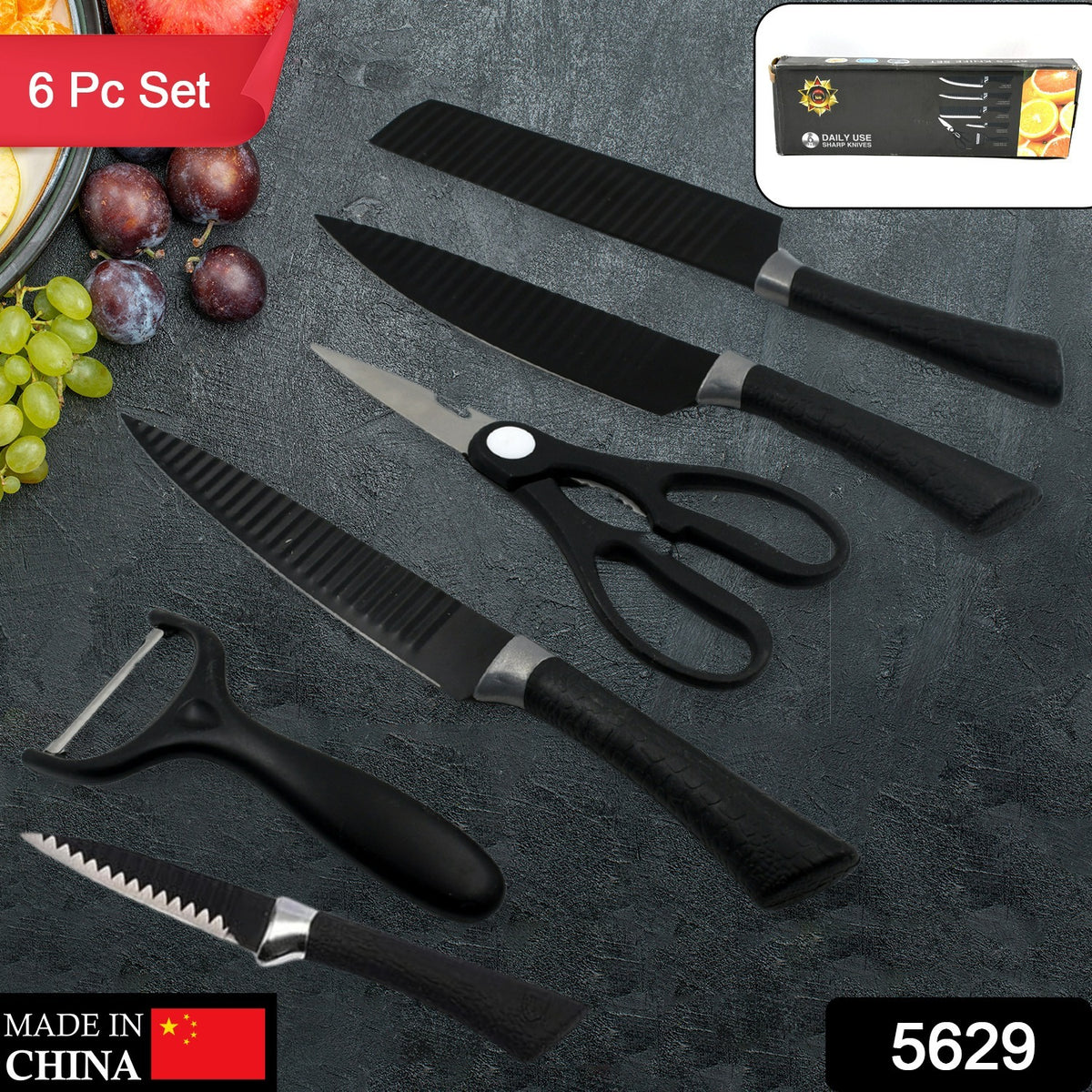 5629 6 Pieces Professional Kitchen Knife Set Meat Knife Chefs Knife With Non-slip Handle For Home Kitchen And Restaurant With Chef Peeler And Scissor (Stainless Steel  6 Pcs Set)